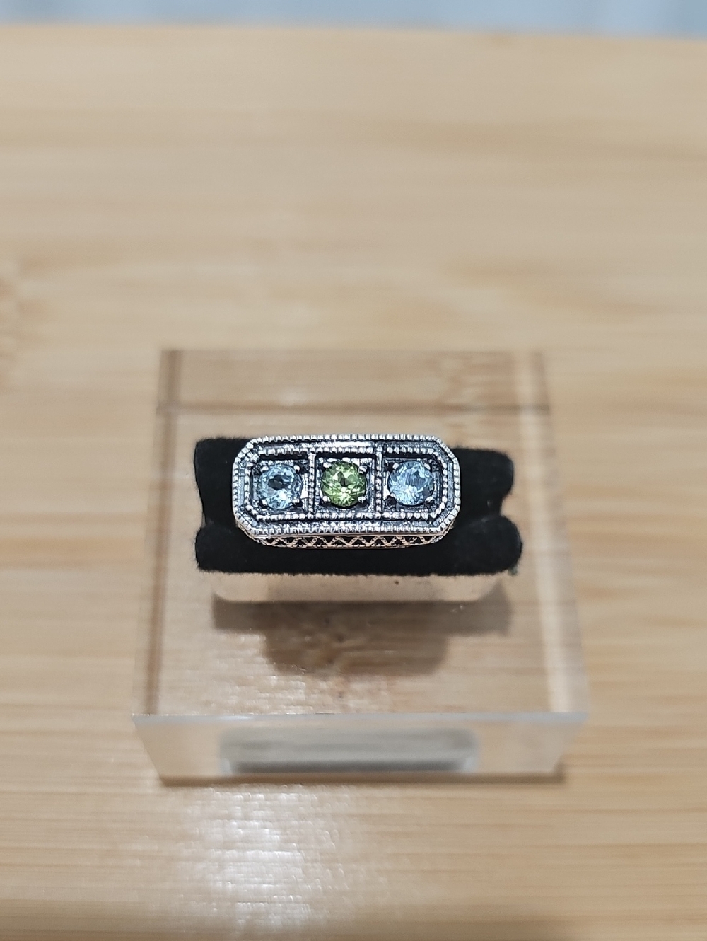 Sterling Silver Triple Gem Filigree Ring - Blue Topaz & Peridot